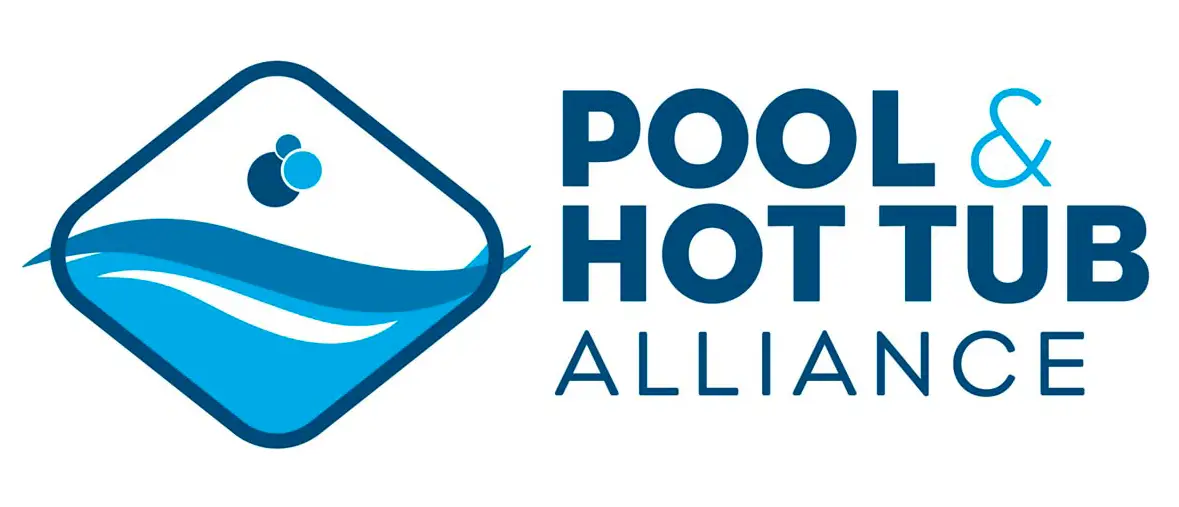 Logo for Pool & Hot Tub Alliance featuring blue waves inside a diamond shape on the left, and the organizations name in bold blue text to the right.