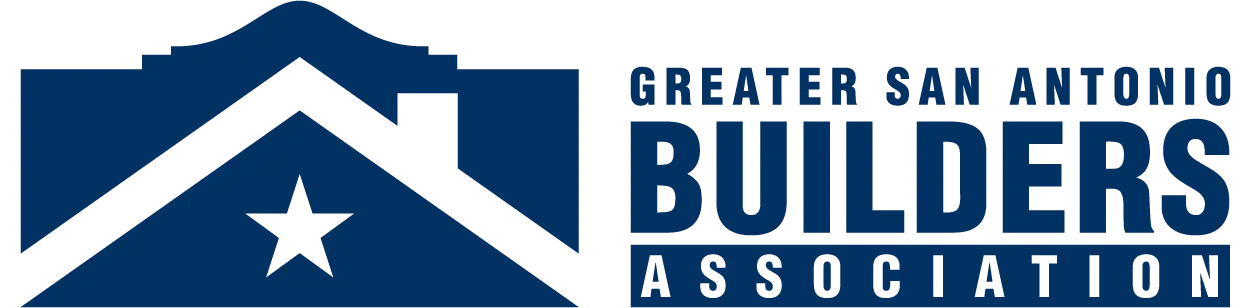 Logo of the Greater San Antonio Builders Association featuring a blue house roof with a white star and a chimney, alongside the organization’s name in bold blue letters.