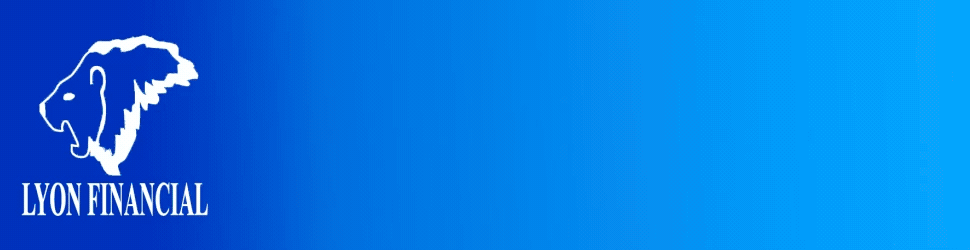 White outline of a roaring lion’s head and the text “Lyon Financial” on a gradient blue background, transitioning from dark blue on the left to light blue on the right.